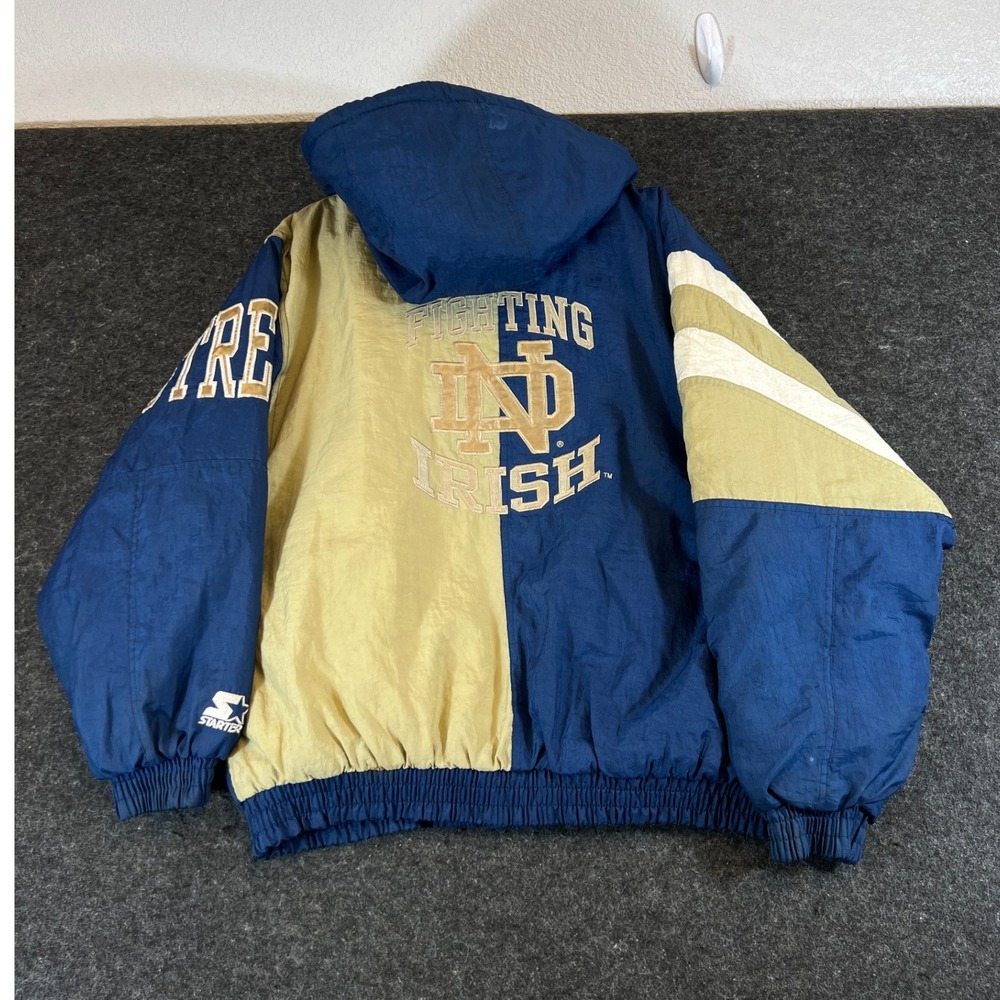 Vintage 90s Starter Notre Dame Fighting Irish Puffer Jacket Navy Blue Men Medium